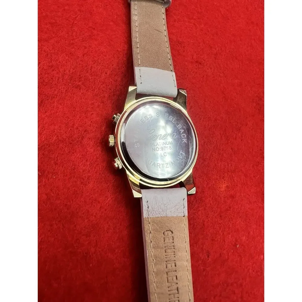 GENEVA Platinum Ladies Watch 9758 Goldtone White Leather Band New Battery Inst